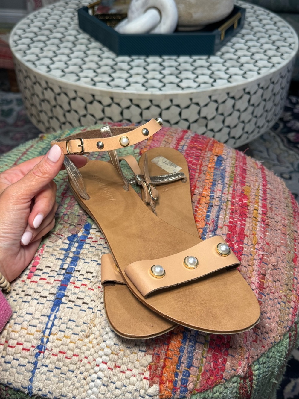Authentic Handmade Leather Sandals (purchased in ROME, Italy) Nude Pearl-Stud - Picture 3 of 5